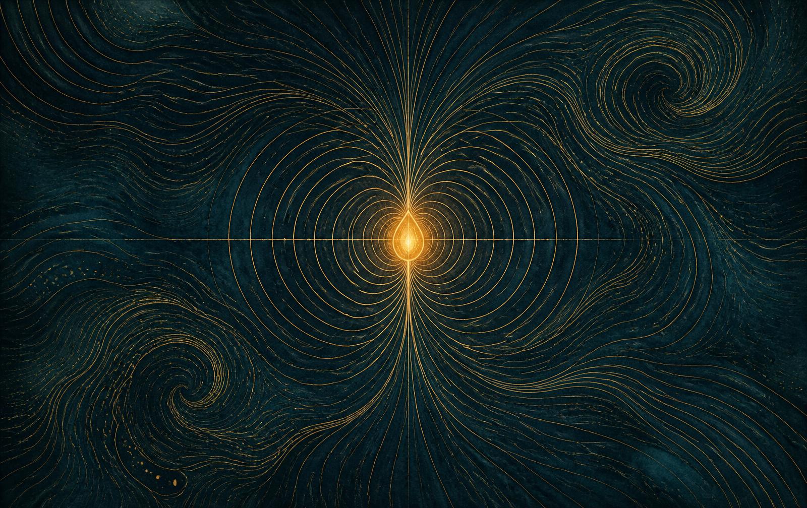 A single point of blue light emitting field lines that curve into flowing currents